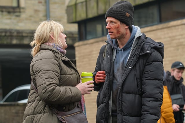 Sarah Lancashire and James Norton having a chat during filming for the final episode in Hebden Bridge.