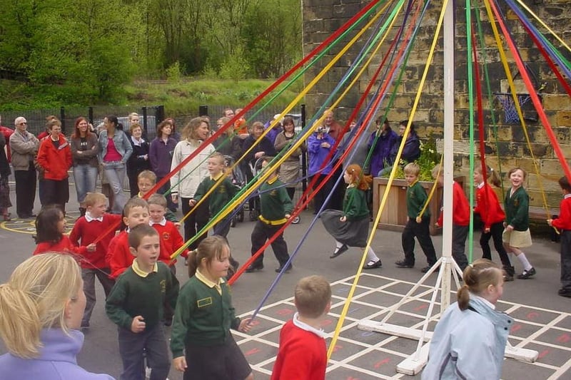 Maypole dancers at Walsden Infants School in May 2005