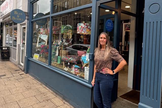 Owner Michelle Dodds outside her homeware shop Bean and Bemble in Hebden Bridge