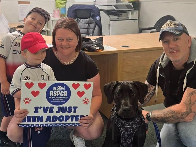 Baxter, a six month old black puppy pictured with new family