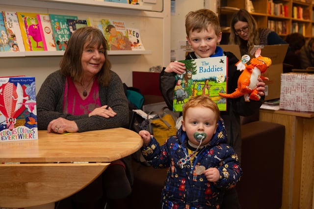 Rory and Finley Oxley, meet Julia Donaldson signing books at The Book Case, Hebden Bridge