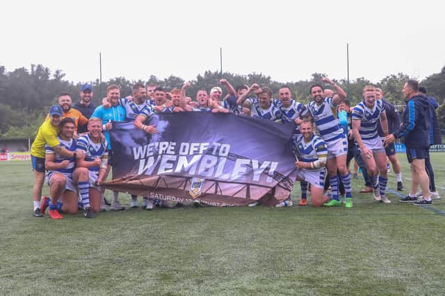 Halifax Panthers players and staff celebrate reaching the 1895 Cup final after defeating London Broncos 10-6 in the semi-final at Rosslyn Park. All photos by Simon Hall