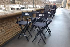 Directors chairs ready for Marvel's Secret Invasion filming at Dean Clough, Halifax.