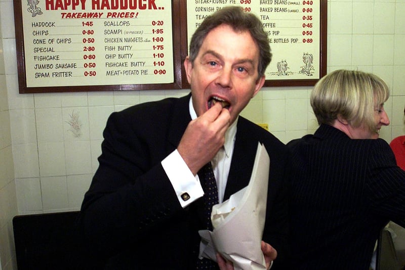 Tony Blair made a surprise visit to Brighouse during the 2001 general election campaign. The then Prime Minister bought and tried some fish and chips from the Happy Haddock restaurant (Getty Images)