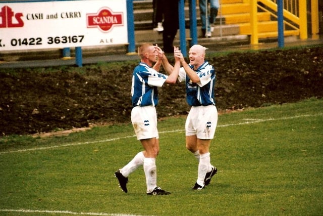Kevin Hulme and Marc Williams celebrate Hulme's goal against Swansea on October 31, 1998