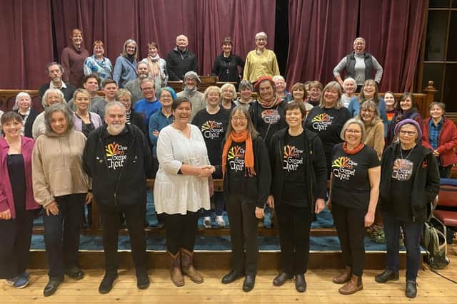 Members of the Three Valleys Gospel Choir with Esther Ferry-Kennington, who is the chair of Todmorden Unitarian