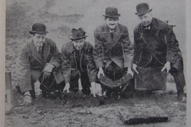 Laying the first sods at the ground. From left: chairman Dr Muir, secretary Mr McClelland and directors Mr Denison and Mr Firth.