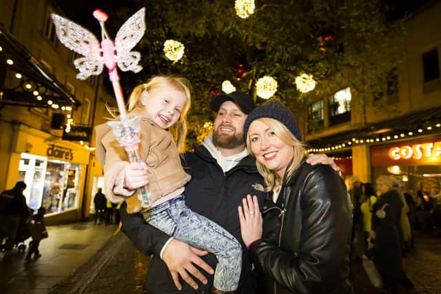 Halifax Christmas lights switch-on. Elicia Chapman, five, Jason Chapman and Beth Bilder in 2017