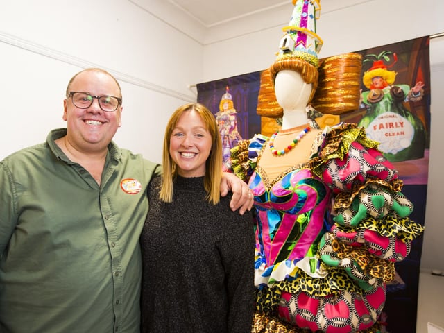 Bankfield Museum exhibition opening - A Magical Couple of Hours - A Celebration of Pantomime. Former Victoria Theatre Panto star Neil Hurst with Nikki Schofield who plays the Queen of Halifax in this year's panto Aladdin.