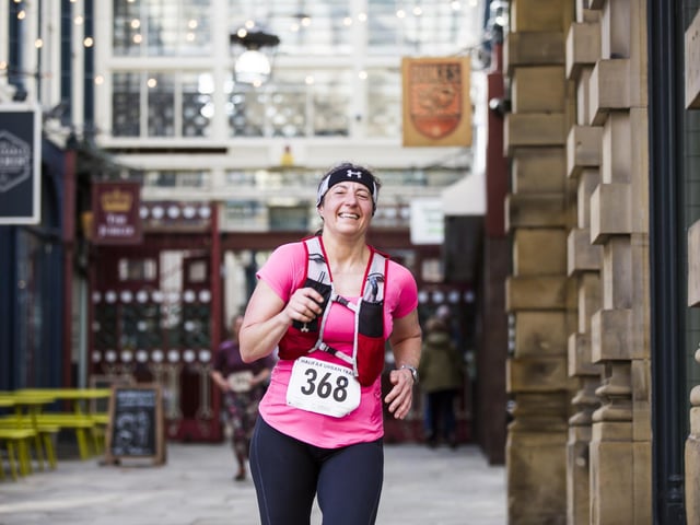 Halifax Urban Trail run through the town's iconic landmarks for Overgate Hospice. Calderdale Borough Market
