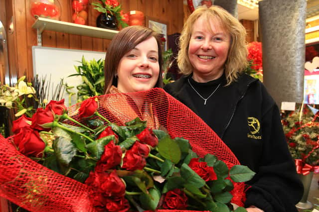 Sue Worthington (right) at Cassons Florists, Commercial Street, Halifax, with assistant Jessica Crabtree preparing bouquets of red roses for Valentine's Day in 2008
