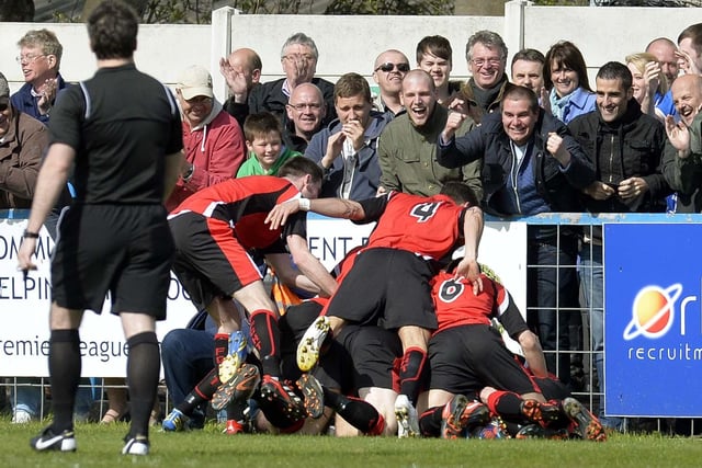 Halifax celebrate their first goal at Guiseley in May 2013 in the Blue Sqaure Bet North play-off semi-final second-leg