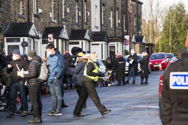 Filming for Happy Valley at Bath Place, Boothtown, with Sarah Lancashire.