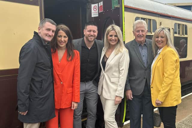 Former Huddersfield Town  star Keith Hanvey and his wife Julie (right) board the Northern Belle with other members of their party at Brighouse station. Picture: Paul Cookson