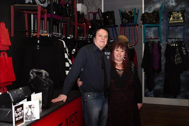 Sharon Stansfield and Stan in their new goth shop in the Piece Hall, Beet13Juice