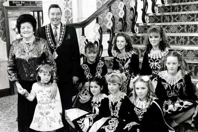 Coun Joe Kneafsey and his wife Bernadette Kneafsey pictured with  Irish dancers at the Halifax Civic Theatre 1990