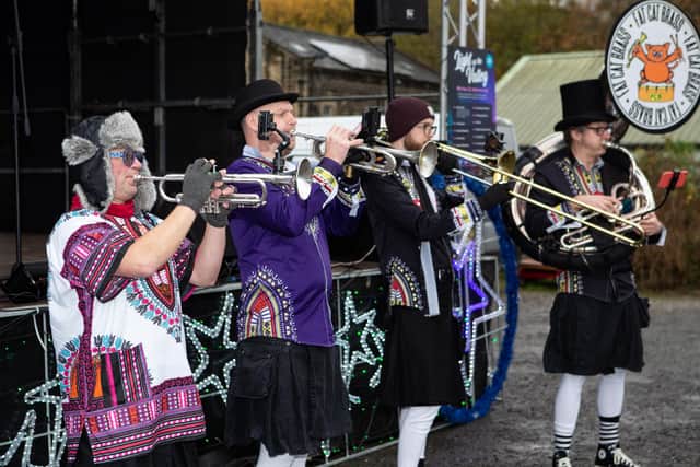 Fat Cat Brass Band playing at Light Up the Valley, Mytholmroyd Community Centre last year