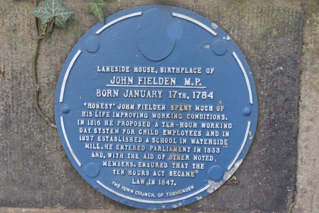 The plaque noting the birthplace of John Fielden, MP.