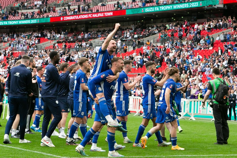 Celebrations at the final whistle as Halifax secure FA Trophy victory over Gateshead.