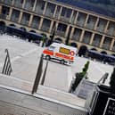 The Handmade Gift Shop Halifax, which is located in the Piece Hall, shared a picture of the colourful vehicle in the courtyard