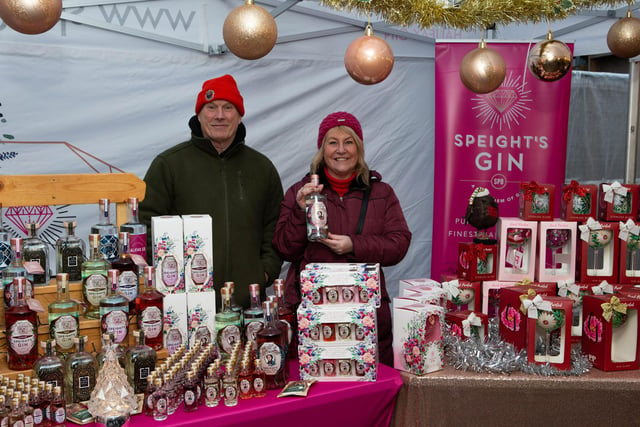 Peter and Angela Speight, with their Speight's Gin, at the Christmas market on Southgate