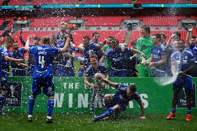 LONDON, ENGLAND - MAY 22:  Members  of Halifax Town celebrate after winning the FA Trophy Final match between Grimsby Town FC v FC Halifax Town at Wembley Stadium on May 22, 2016 in London, England.  (Photo by Joel Ford/Getty Images)