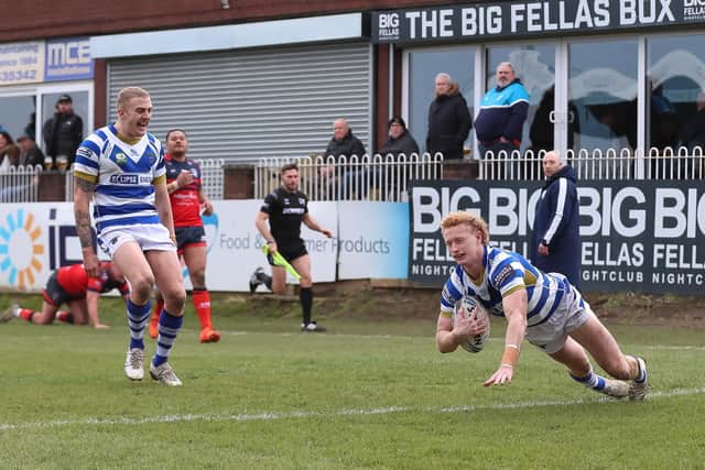 Lachlan Walmsley scoring a try in Fax's sensational Challenge Cup victory at Featherstone Rovers last weekend.