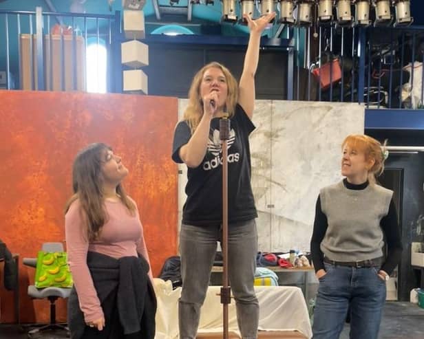 Claire O’Connor, Stacey Sampson, and Victoria Brazier play 3-sisters Isabel, Mary and Olive thrown into the Miners’ strike as Women Against Pit Closures in We’re Not Going Back.. Credit: Red Ladder Theatre Company
