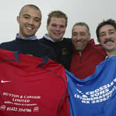 New Kit for Ovenden RUFC, Natty Lane, in 2004. Sponsors Ashley Shaw and  Michael Cawood and Andy Barraclough, and 2nd team manager Mark Cook with the team's new shirts.