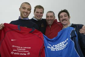 New Kit for Ovenden RUFC, Natty Lane, in 2004. Sponsors Ashley Shaw and  Michael Cawood and Andy Barraclough, and 2nd team manager Mark Cook with the team's new shirts.