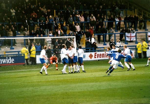Craig Midgley fires in a free-kick at home to Chester, December 6, 2003