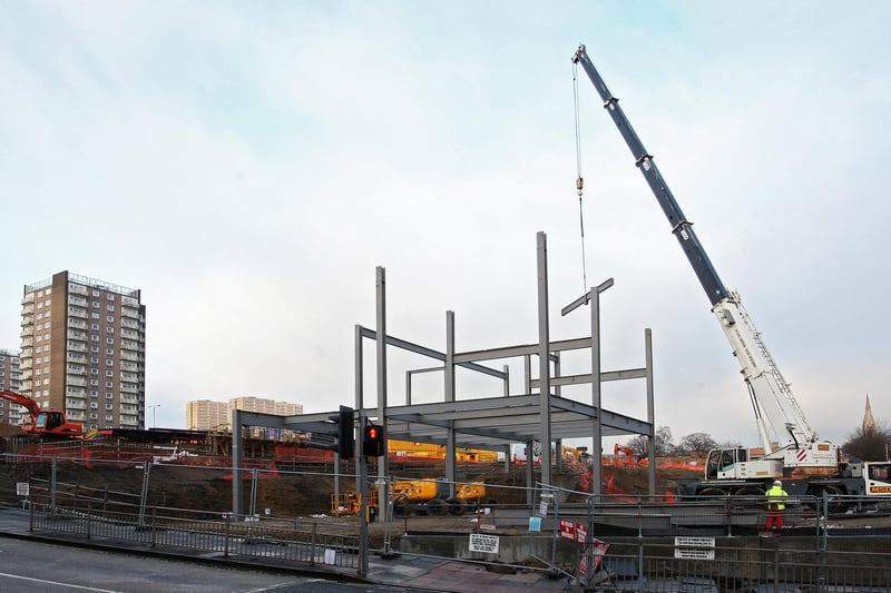 Work erecting the steel structure for the Broad Street Plaza, Halifax in 2011