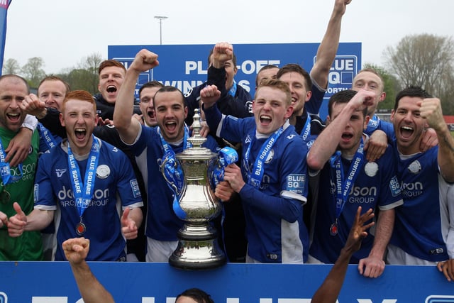 Halifax celebrate play-off victory at Brackley.
