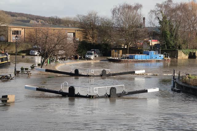 Canal basin swamped: Flooding in Brighouse after Storm Ciara in February 2020. Photo: Steven Lord