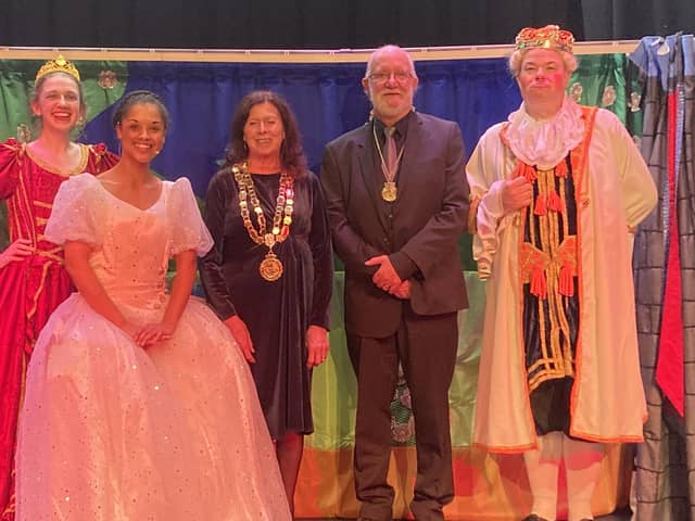 Anusia Battersby as The Queen, Rhiannon Canoville-Ord as Cinderella, The Mayor and her consort, Ross McCormack as The King