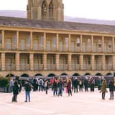 Flowers being laid at The Piece Hall today for Anne Lister's birthday