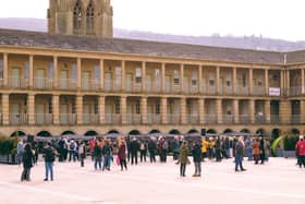 Flowers being laid at The Piece Hall today for Anne Lister's birthday