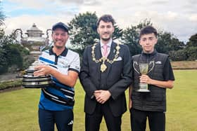 Champion Gareth Coates, with Mayor of Scarborough, Councillor Thomas Murray and Louie Taylor, winner of the Roger Crowther Cup. Pic: David Muir