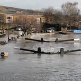 Flooding in Brighouse after storm Ciara hit Calderdale on February 2020. Picture of Brighouse Marina. Calder and Hebble Navigation canal locks overflowing. Photo by Steven Lord.