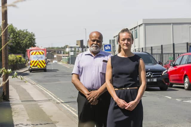 Councillors Chris Pillai and Sophie Whittaker on Birds Royd Lane, Brighouse where speed bumps have been proposed.