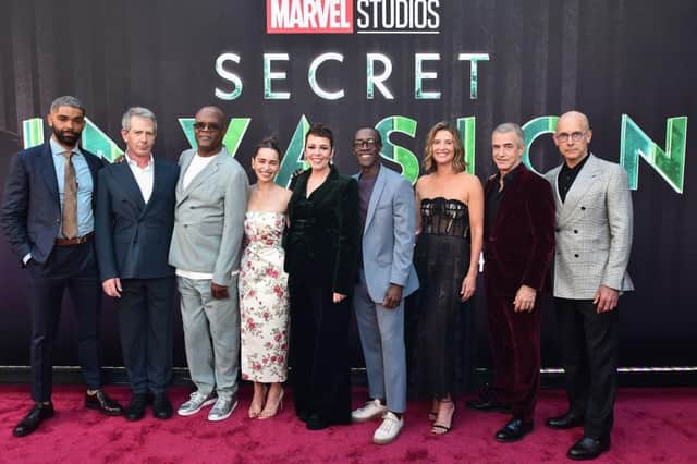 Kingsley Ben-Adir, Ben Mendelsohn, Samuel L. Jackson, Emilia Clarke, Olivia Colman, Don Cheadle, Cobie Smulders, Dermot Mulroney and Ali Selim attend the Secret Invasion launch event. (Photo by Alberto E. Rodriguez/Getty Images for Disney)