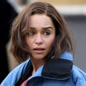Emilia Clarke seen on set during filming of the Marvel Disney Plus series Secret Invasion at The Piece Hall 
 (Photo by Gerard Binks/Getty Images)