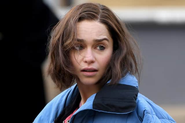 Emilia Clarke seen on set during filming of the Marvel Disney Plus series Secret Invasion at The Piece Hall 
 (Photo by Gerard Binks/Getty Images)