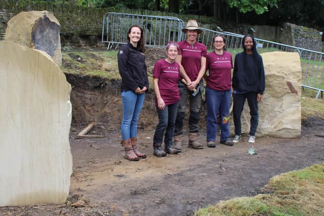 Pictured at Shibden Hall are Emma Hudson (General Manager, Traditional Stone), Antonello Tiozzo (Italian Master Carver), Project Manager Emma Knowles (Director of Stone of Arc Drystone Walling), Serena Cattaneo (Italian Master Waller), and Rutendo Chinogureyi (Traditional Stone, IT & Marketing).