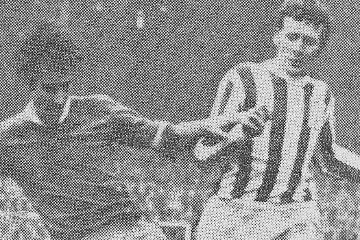 Chris Nicholl challenges Stoke City's future Republic of Ireland international Terry Conroy in the FA Cup tie at the Victoria Ground, 25 January 1969. Town drew 1-1 to bring the First Division side back to The Shay for the replay.
