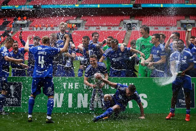 LONDON, ENGLAND - MAY 22:  Members  of Halifax Town celebrate after winning the FA Trophy Final match between Grimsby Town FC v FC Halifax Town at Wembley Stadium on May 22, 2016 in London, England.  (Photo by Joel Ford/Getty Images)
