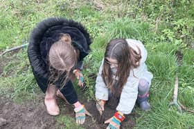 Children from Burnley Road Academy in Mytholmroyd help plant trees