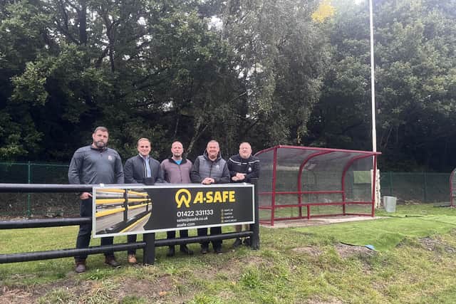 Pictured with the new barrier fencing and dugouts are (from the left) club head coach Richard Brown, James Smith of A-Safe, Danny Hilton, of Hilton Process Systems, Mark Witchell, of Calder Project Management and sponsorship manager Dan Ingham.