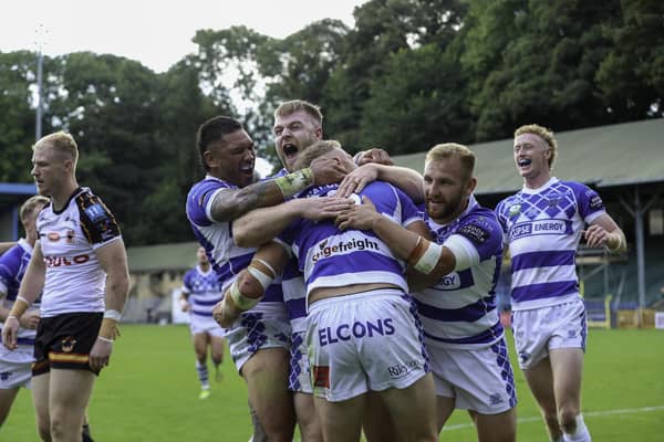 Halifax Panthers celebrate during their win over Bradford Bulls. Pic: Simon Hall