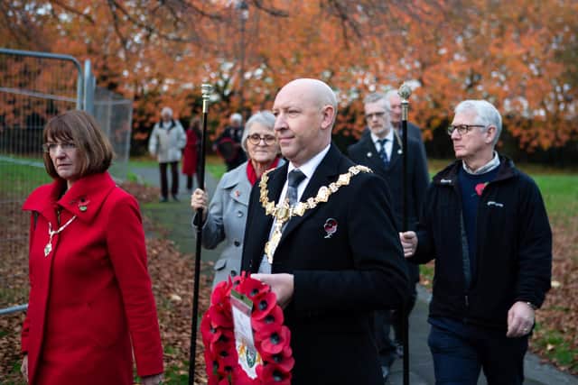 Councillors, dignitaires and guests attending the Brighouse Remembrance Sunday ceremony at the war memorial in Rydings Park last year